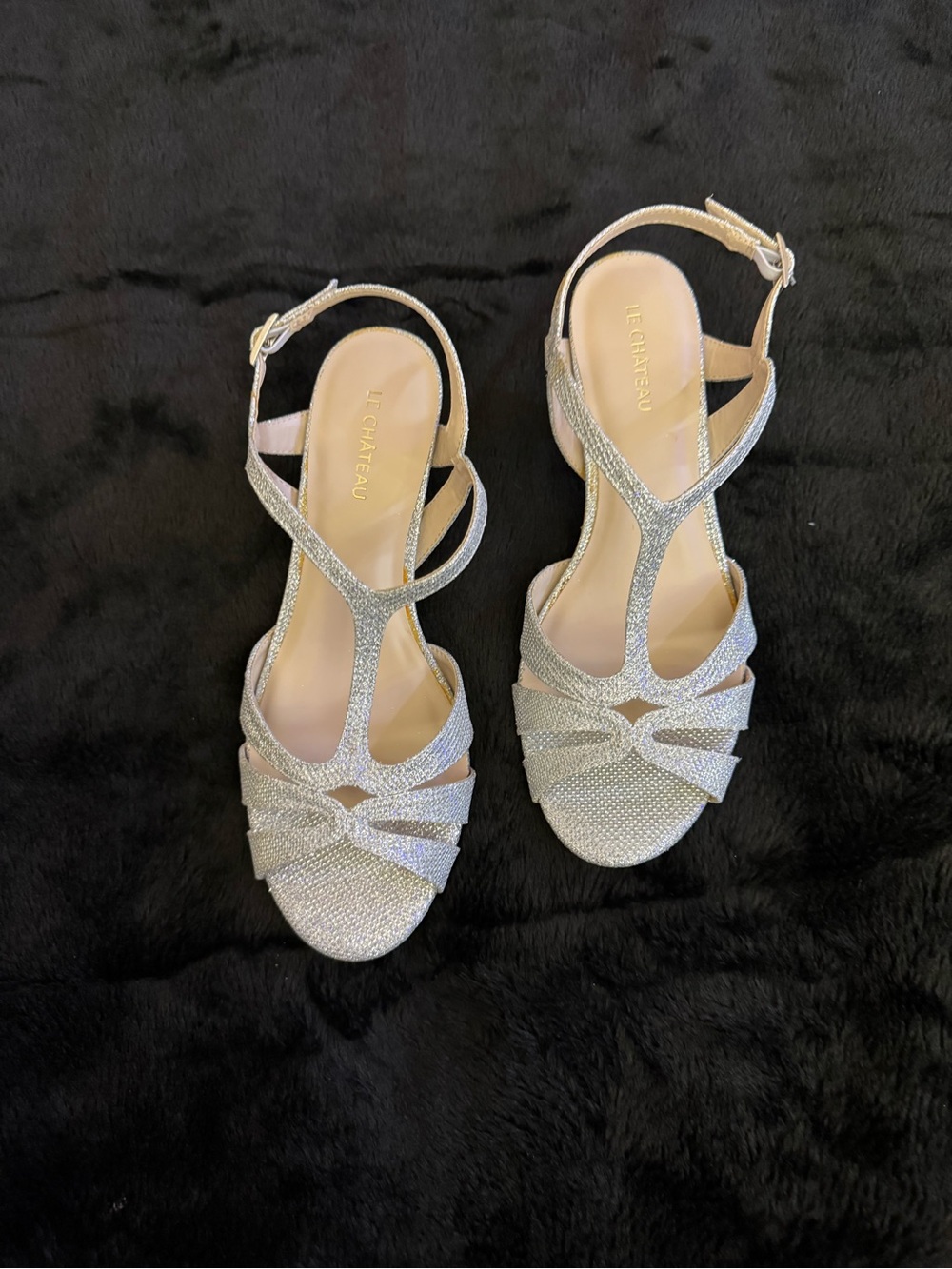 le chateau Silver Glitter Strappy T‑Heel Sandals